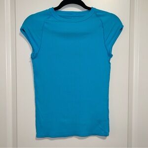 Free People We The Free Ever Had Tee Blue Size Medium Ribbed Cap Sleeve Top NWOT